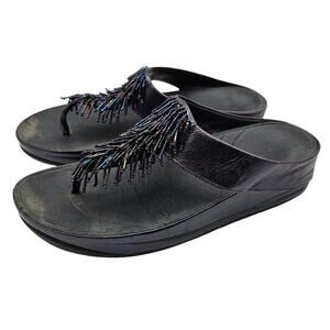 Fitflop Women's 9 M Metallic Blue Leather Sandals Toe Thong Beaded Fringe